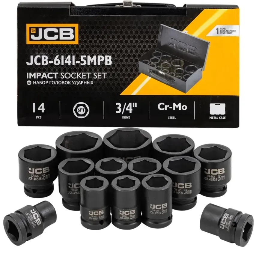 Набір ударних головок у металевому кейсі 14 од. 3/4'' (6-гр.) (17-50 мм) JCB Tools