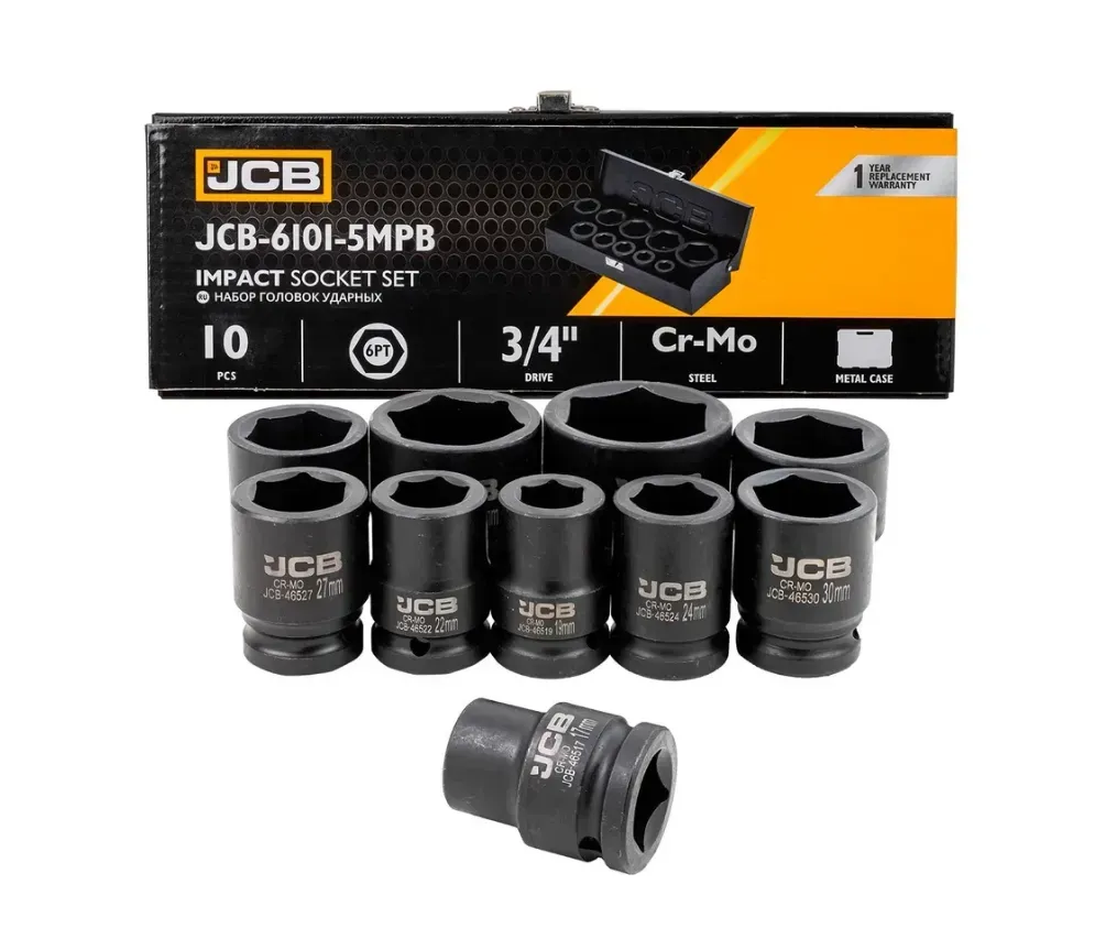Инструменты - UniCompex Набор ударных головок в металлическом кейсе 10 ед. 3/4'' (6-гр.) (17-46 мм) JCB Tools